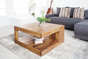 Table basse design GIANT 80cm en bois massif de Sheesham marron finition pierre avec étagère