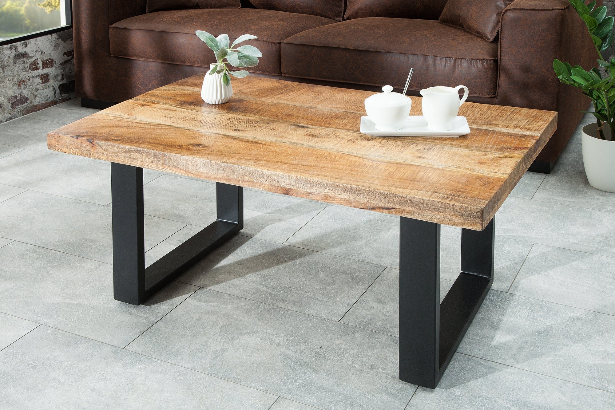 Table basse design IRON CRAFT 100cm bois de manguier fer design industriel structure noire solide