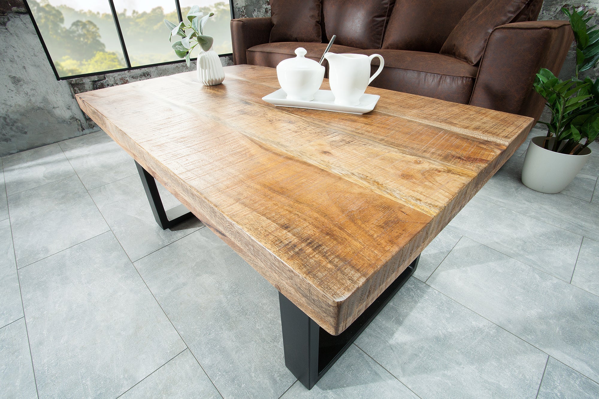 Table basse design IRON CRAFT 100cm bois de manguier fer design industriel structure noire solide