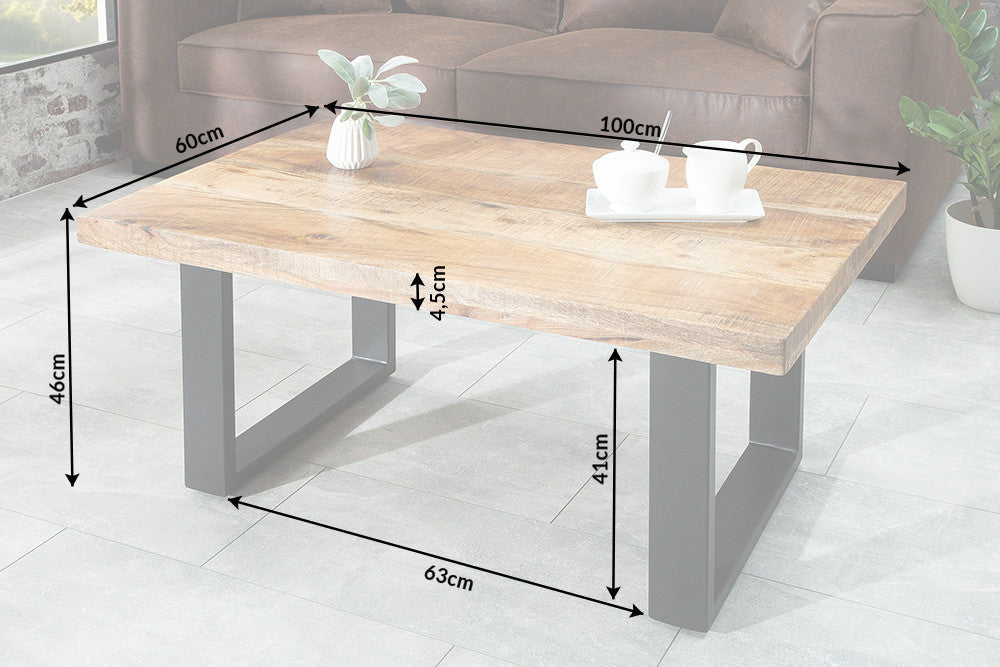 Table basse design IRON CRAFT 100cm bois de manguier fer design industriel structure noire solide