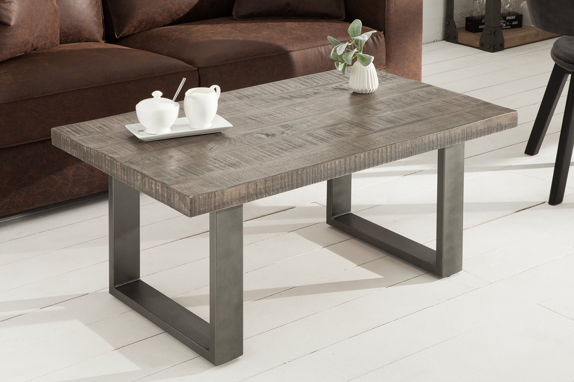 Mesa de centro de diseño IRON CRAFT 100cm madera de mango gris diseño industrial hierro macizo estructura en voladizo
