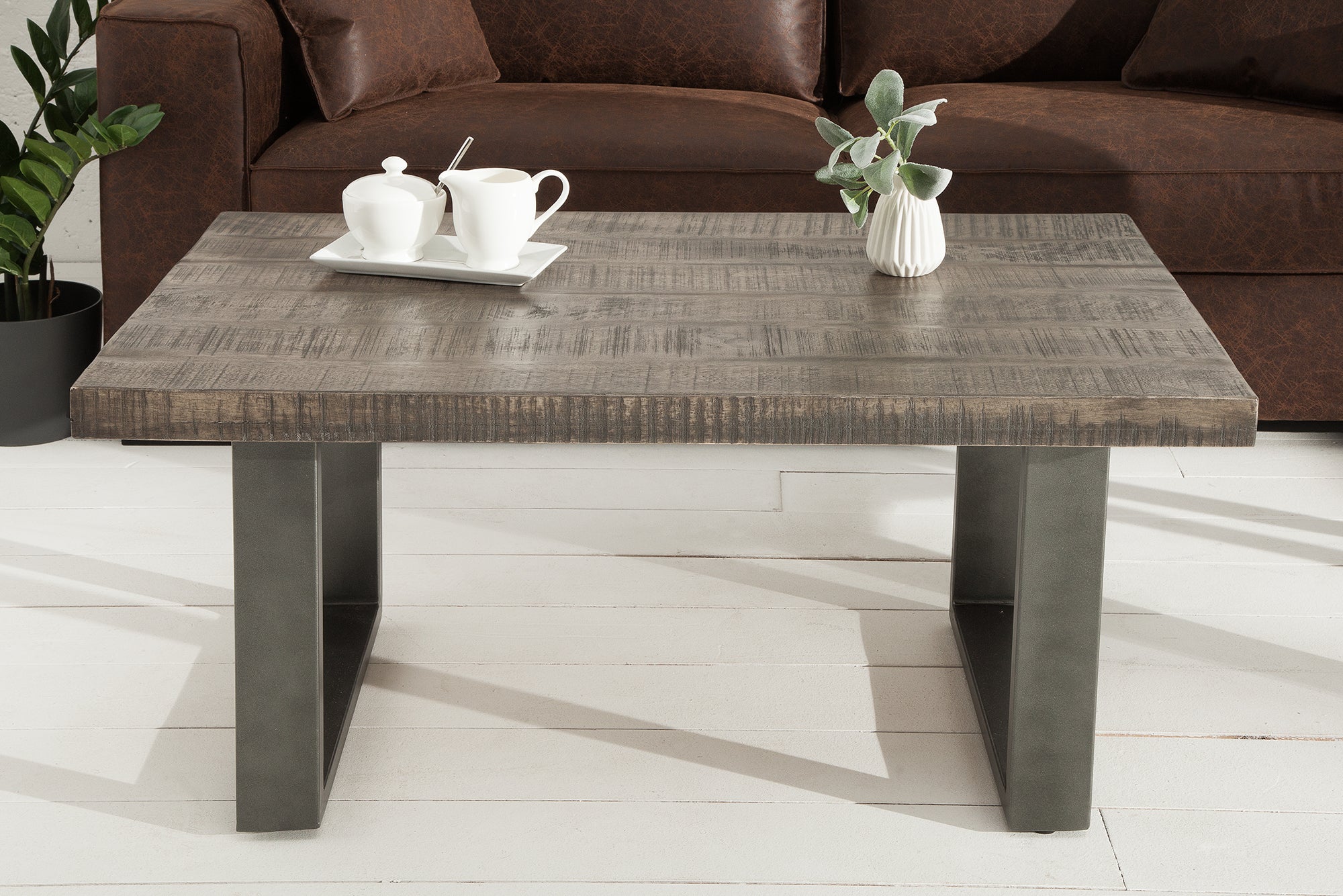 Mesa de centro de diseño IRON CRAFT 100cm madera de mango gris diseño industrial hierro macizo estructura en voladizo