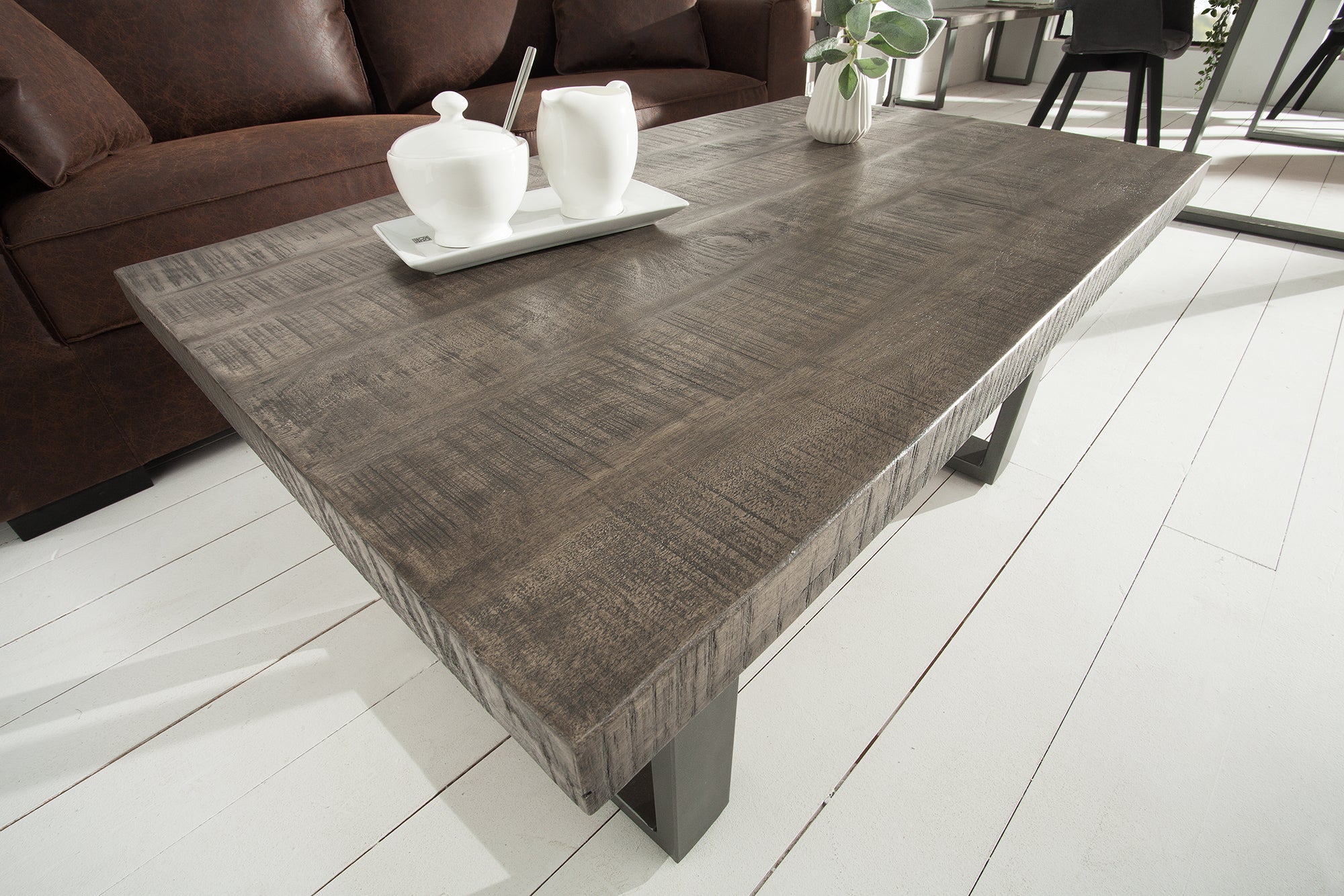 Mesa de centro de diseño IRON CRAFT 100cm madera de mango gris diseño industrial hierro macizo estructura en voladizo