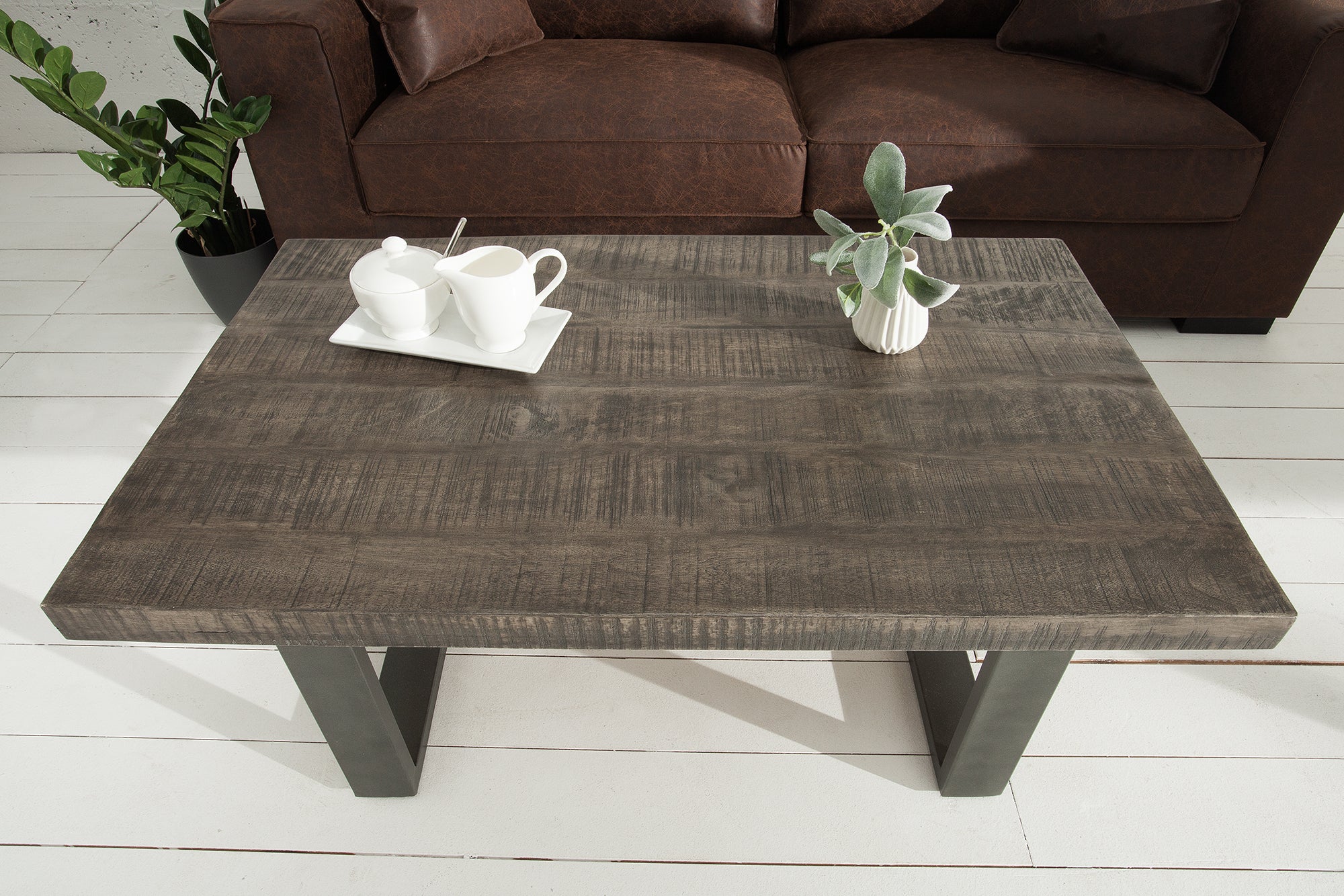 Mesa de centro de diseño IRON CRAFT 100cm madera de mango gris diseño industrial hierro macizo estructura en voladizo