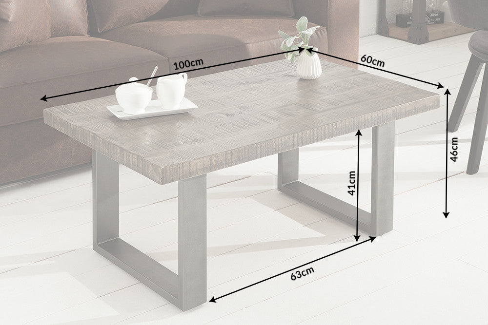 Mesa de centro de diseño IRON CRAFT 100cm madera de mango gris diseño industrial hierro macizo estructura en voladizo