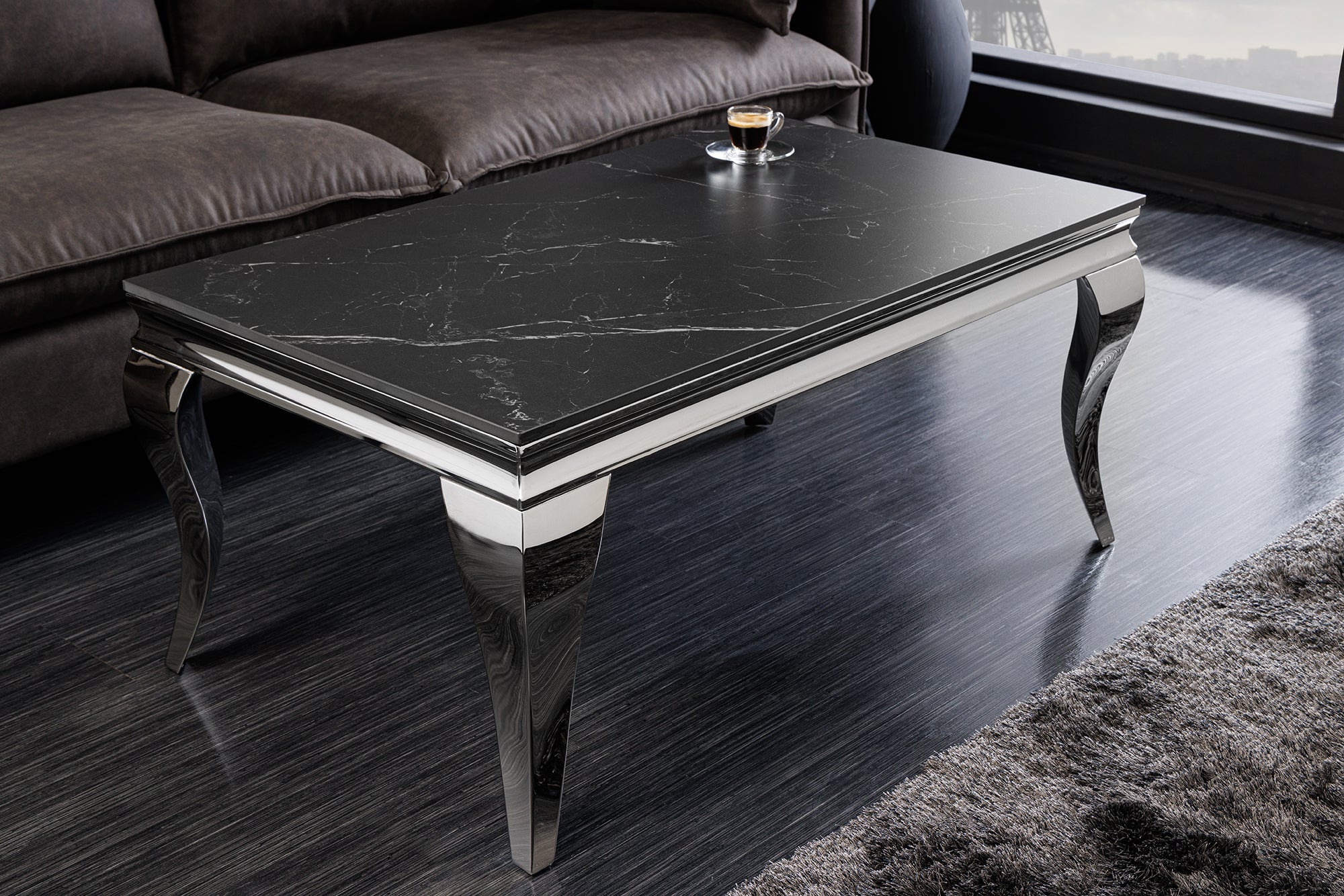 Table basse design MODERN BAROQUE 100cm marbre céramique chrome anthracite noir