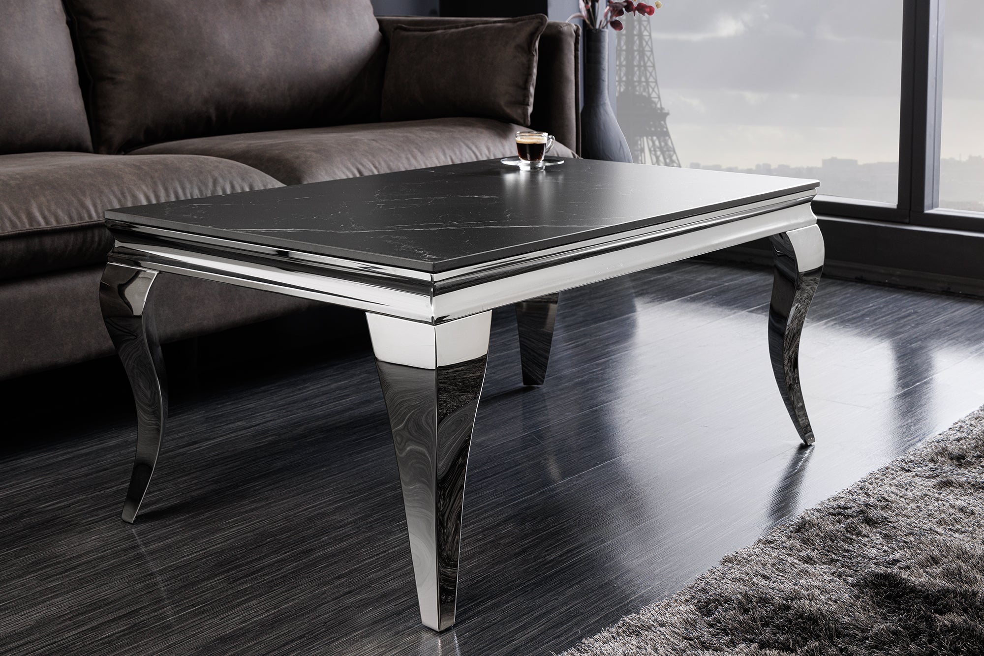 Table basse design MODERN BAROQUE 100cm marbre céramique chrome anthracite noir