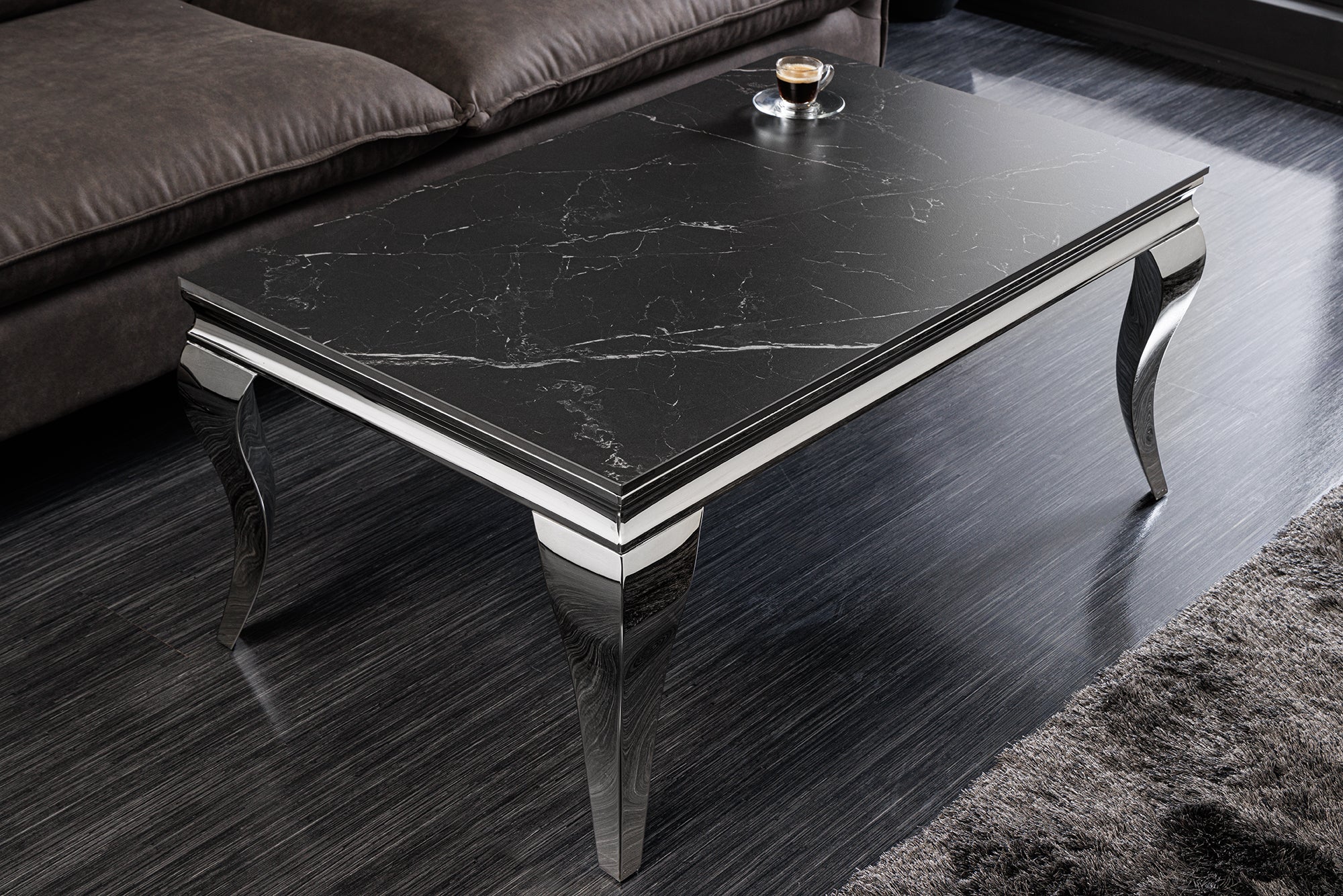 Mesa de centro de diseño MODERNO BARROCO 100cm negro antracita cromo cerámica mármol