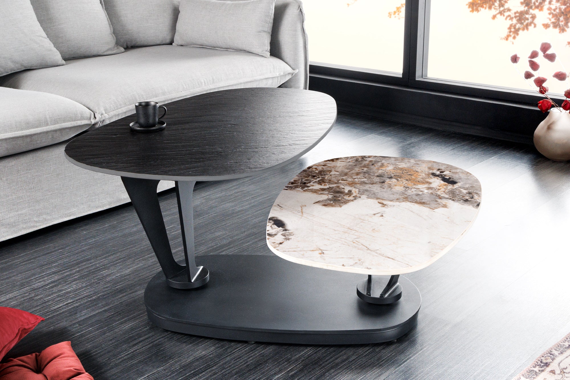 Mesa de centro giratoria redonda negra MOVEMENT Pandora de cerámica con estructura de metal