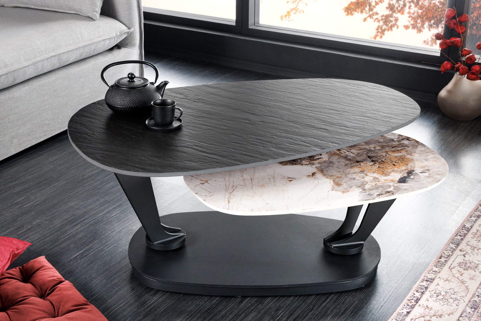 Mesa de centro giratoria redonda negra MOVEMENT Pandora de cerámica con estructura de metal