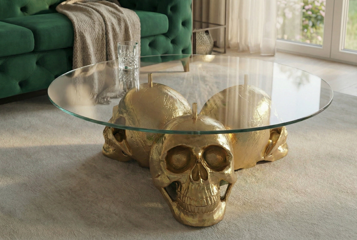 Table basse design SKULL XXL 90cm plateau en verre rond doré tête de mort en métal fait main