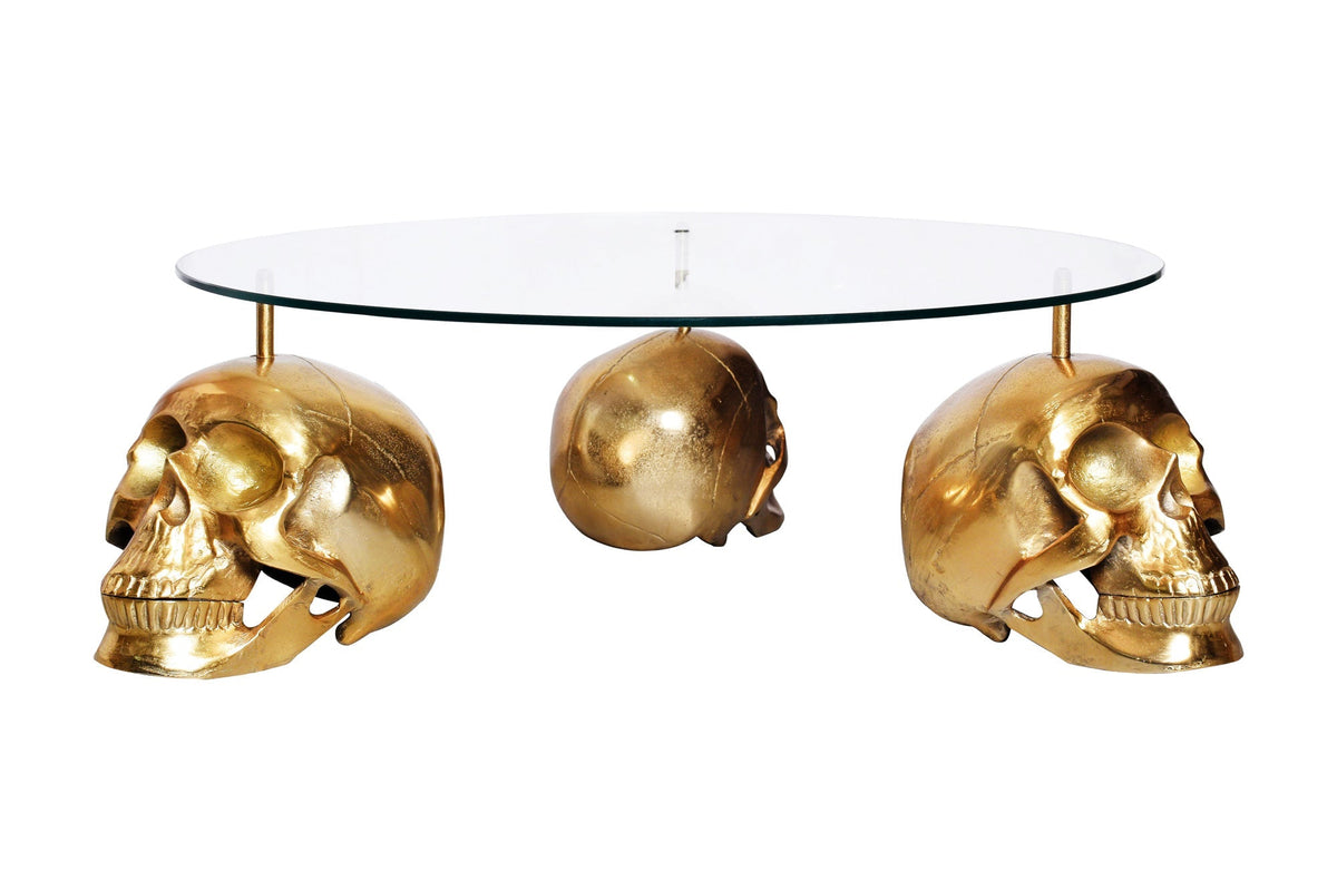 Table basse design SKULL XXL 90cm plateau en verre rond doré tête de mort en métal fait main