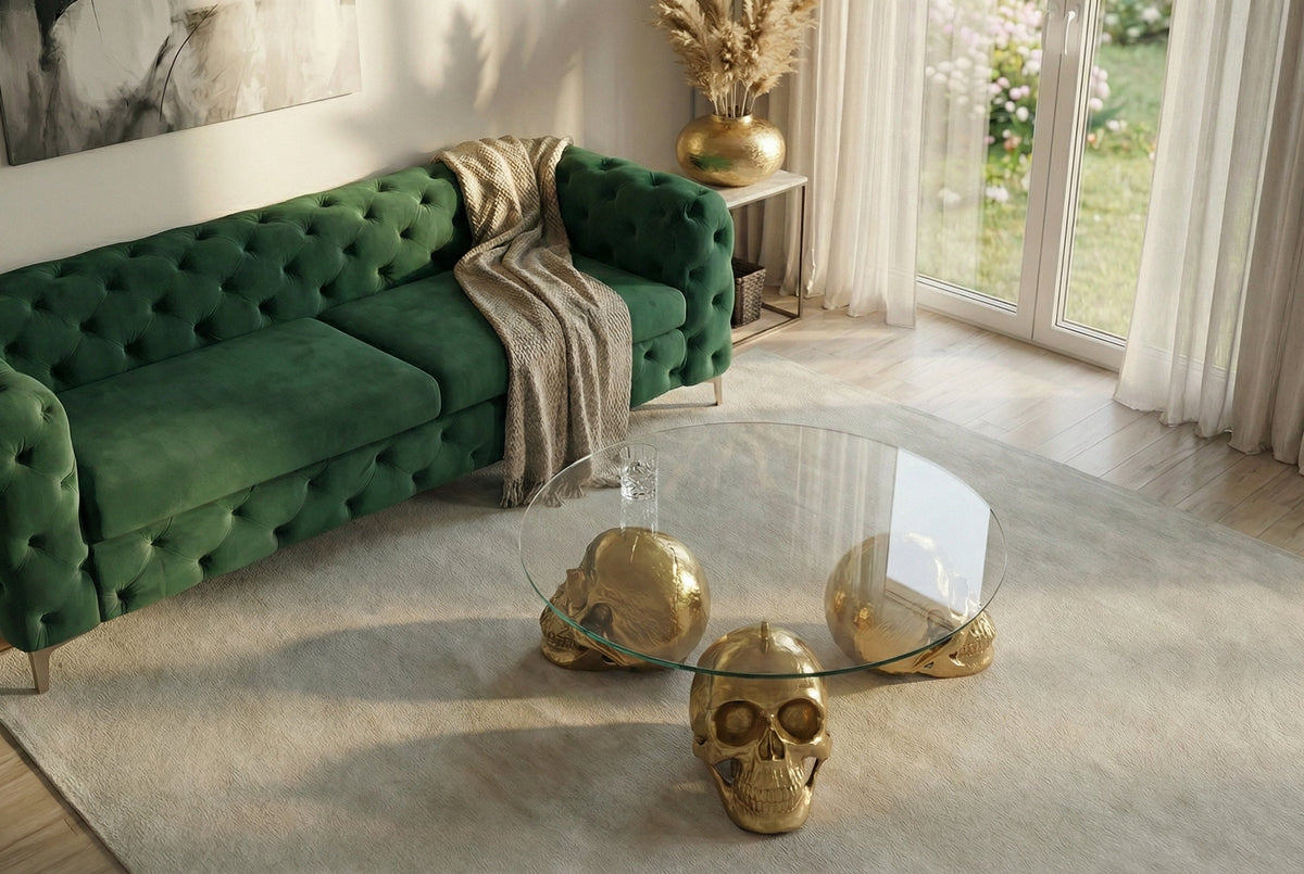 Table basse design SKULL XXL 90cm plateau en verre rond doré tête de mort en métal fait main