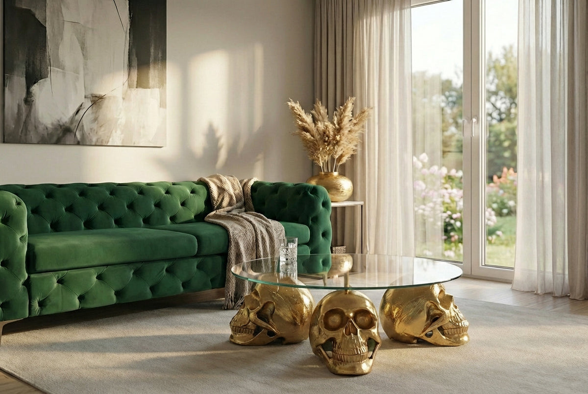 Table basse design SKULL XXL 90cm plateau en verre rond doré tête de mort en métal fait main