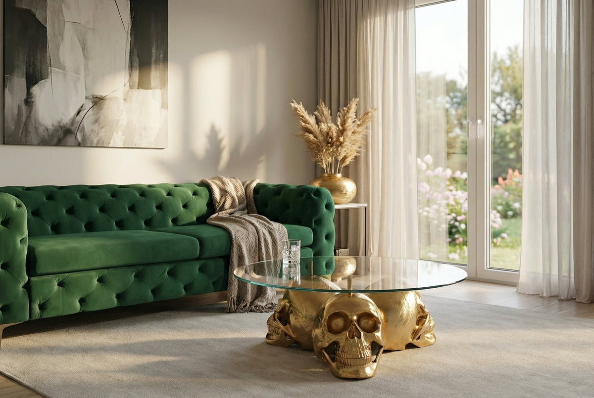Table basse design SKULL XXL 90cm plateau en verre rond doré tête de mort en métal fait main