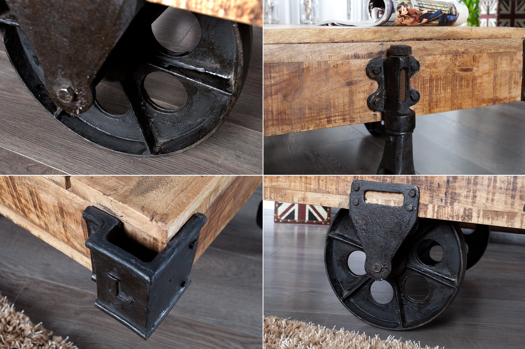 RAILWAY Mesa de centro de diseño en madera maciza de mango de 110 cm con 4 ruedas