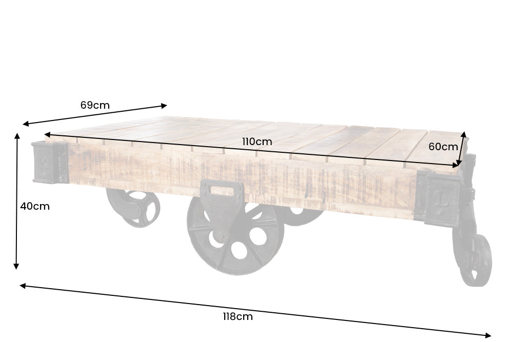 RAILWAY Mesa de centro de diseño en madera maciza de mango de 110 cm con 4 ruedas