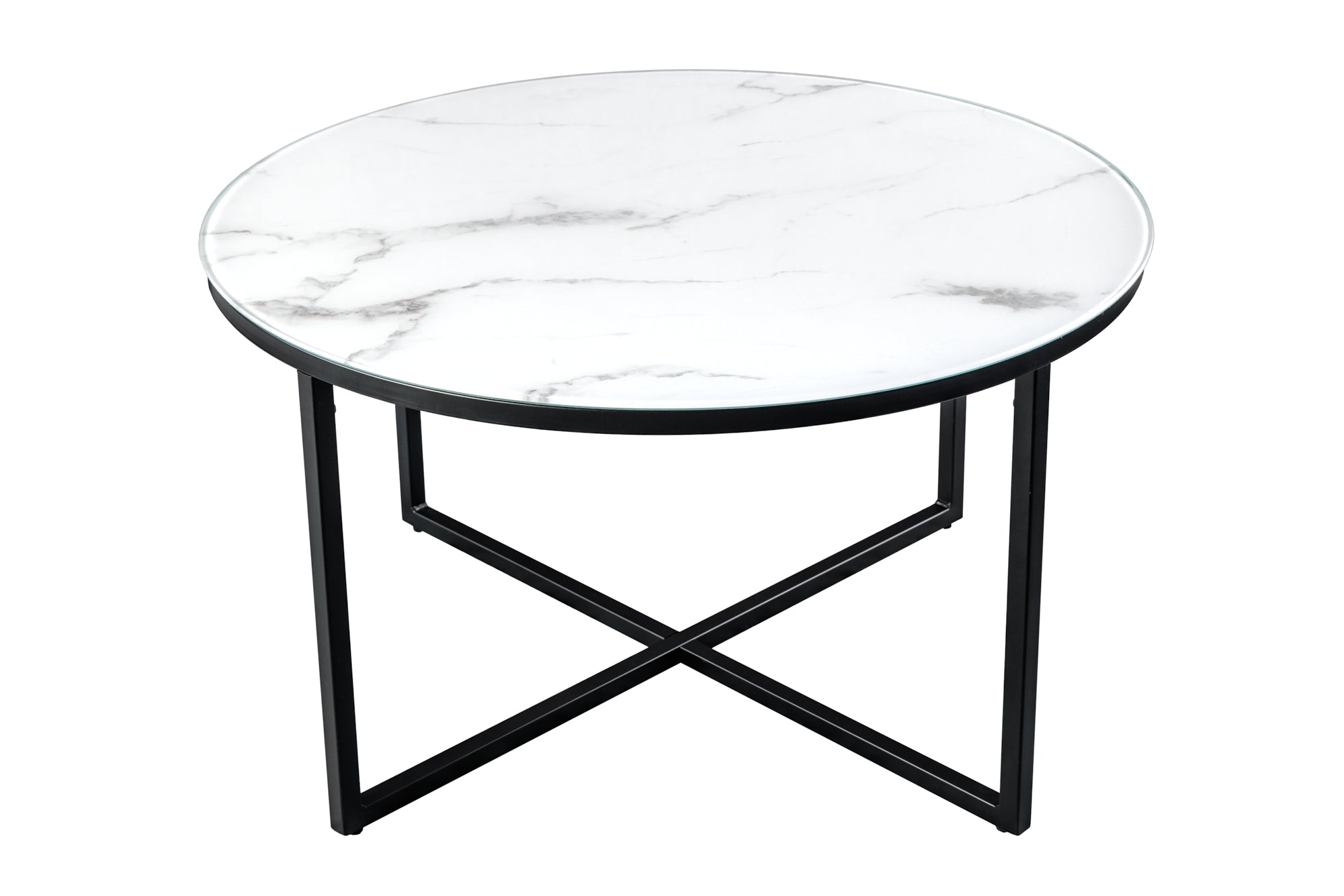 Elegante mesa de centro BOUTIQUE 80cm redonda blanca en cristal con decoración de mármol y marco negro