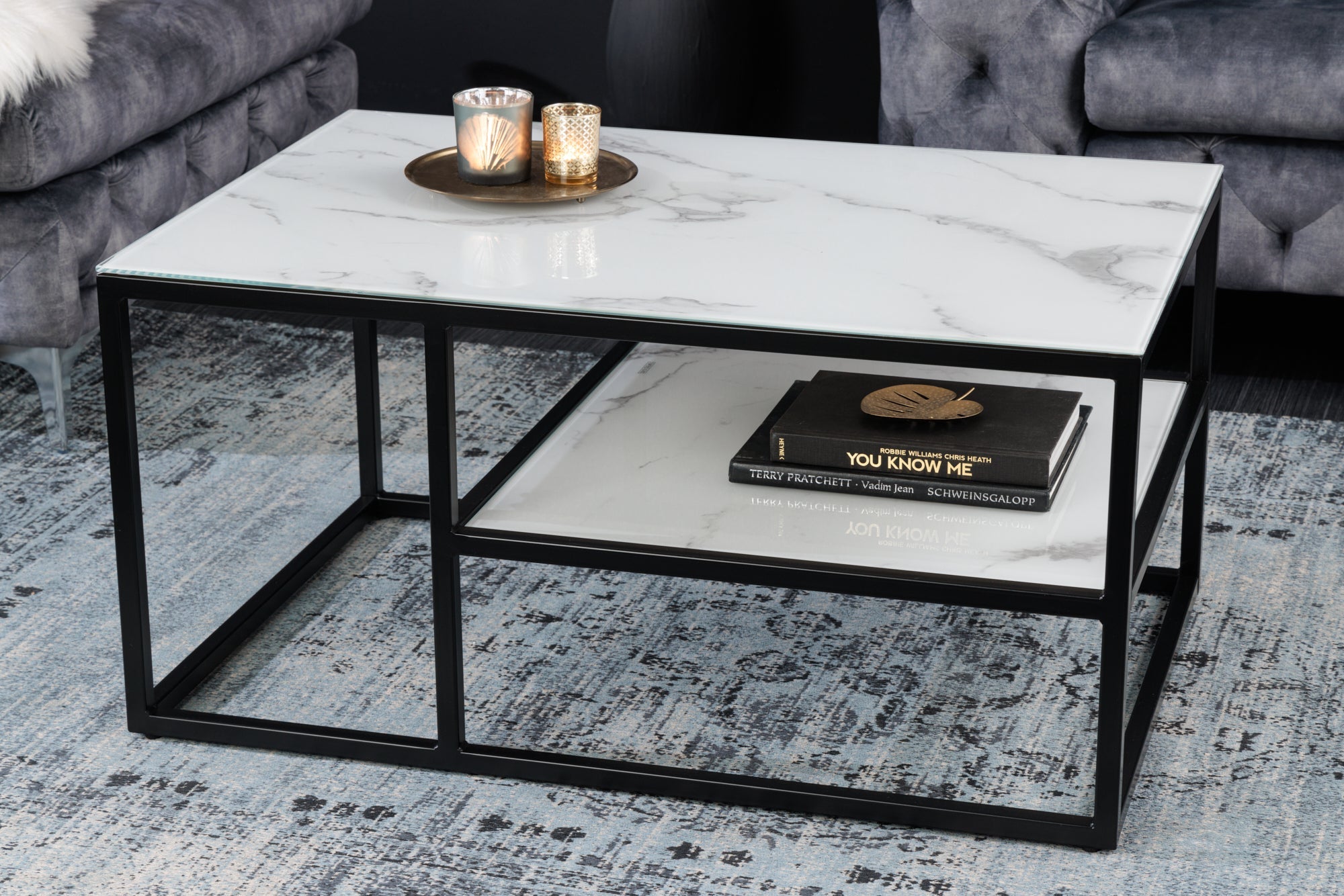 Elegante mesa de centro BOUTIQUE 90cm cristal blanco decoración mármol marco negro
