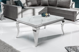 Table basse élégante de style baroque moderne de 100 cm, plateau en verre aspect marbre, pieds en acier inoxydable