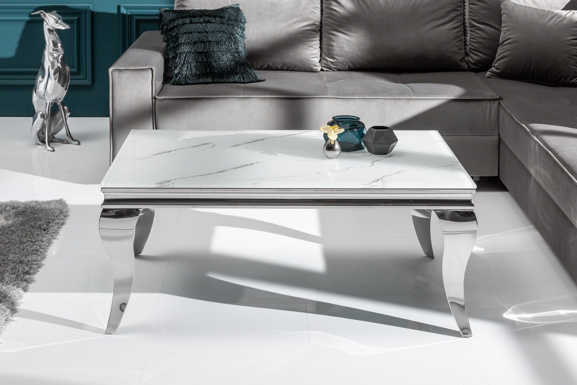 Elegante mesa de centro moderna de estilo barroco, 100 cm, tapa de cristal efecto mármol, patas de acero inoxidable