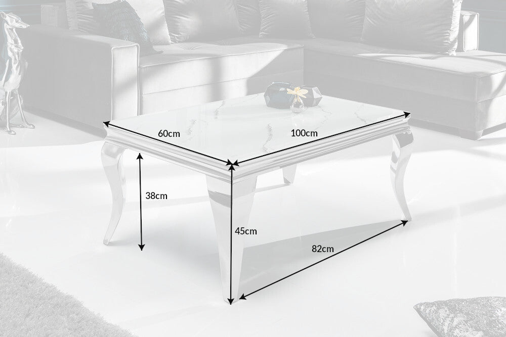 Elegante mesa de centro moderna de estilo barroco, 100 cm, tapa de cristal efecto mármol, patas de acero inoxidable