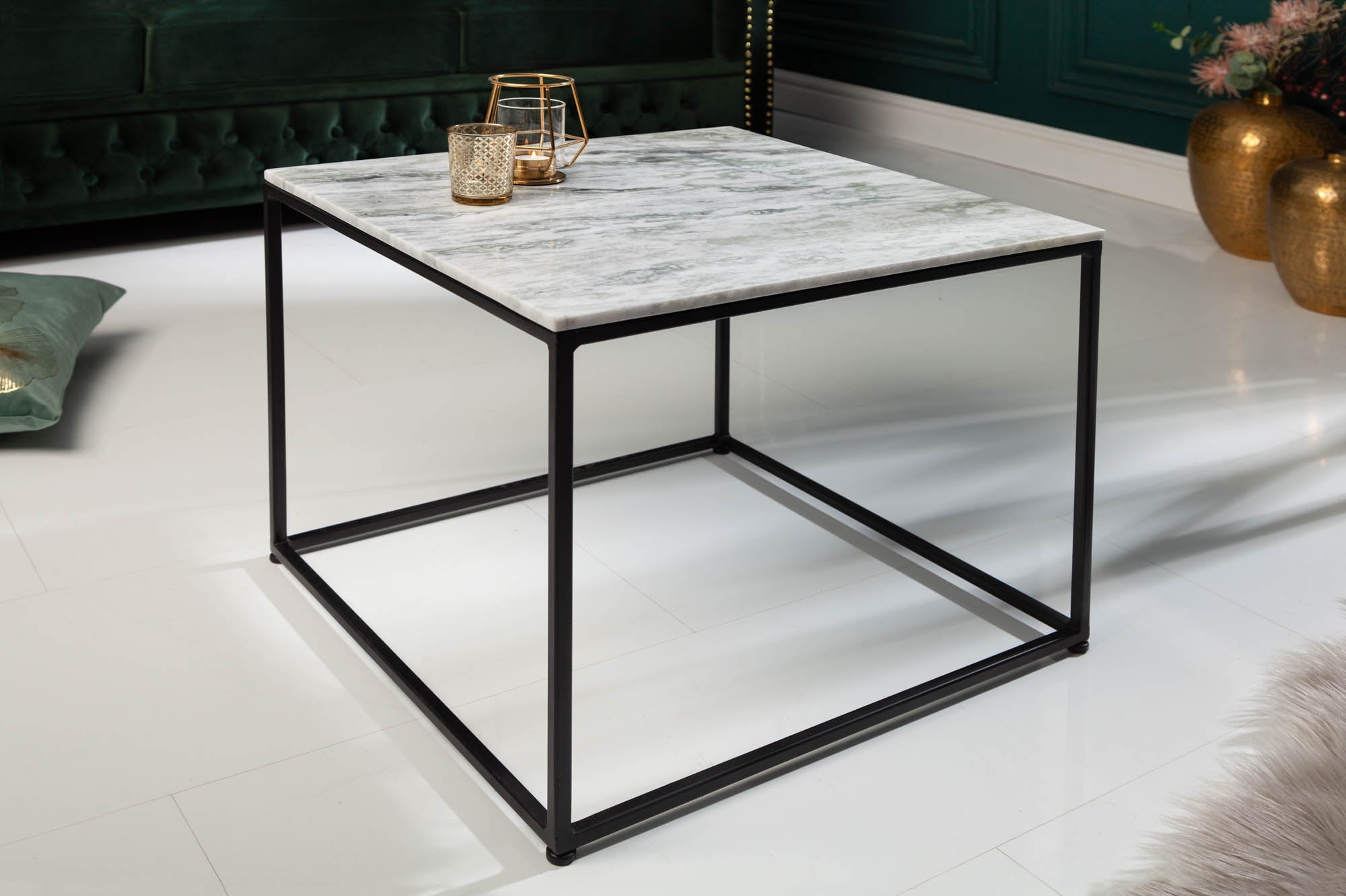 ELEMENTS Mesa de centro blanca de 50 cm con tapa de mármol pulido