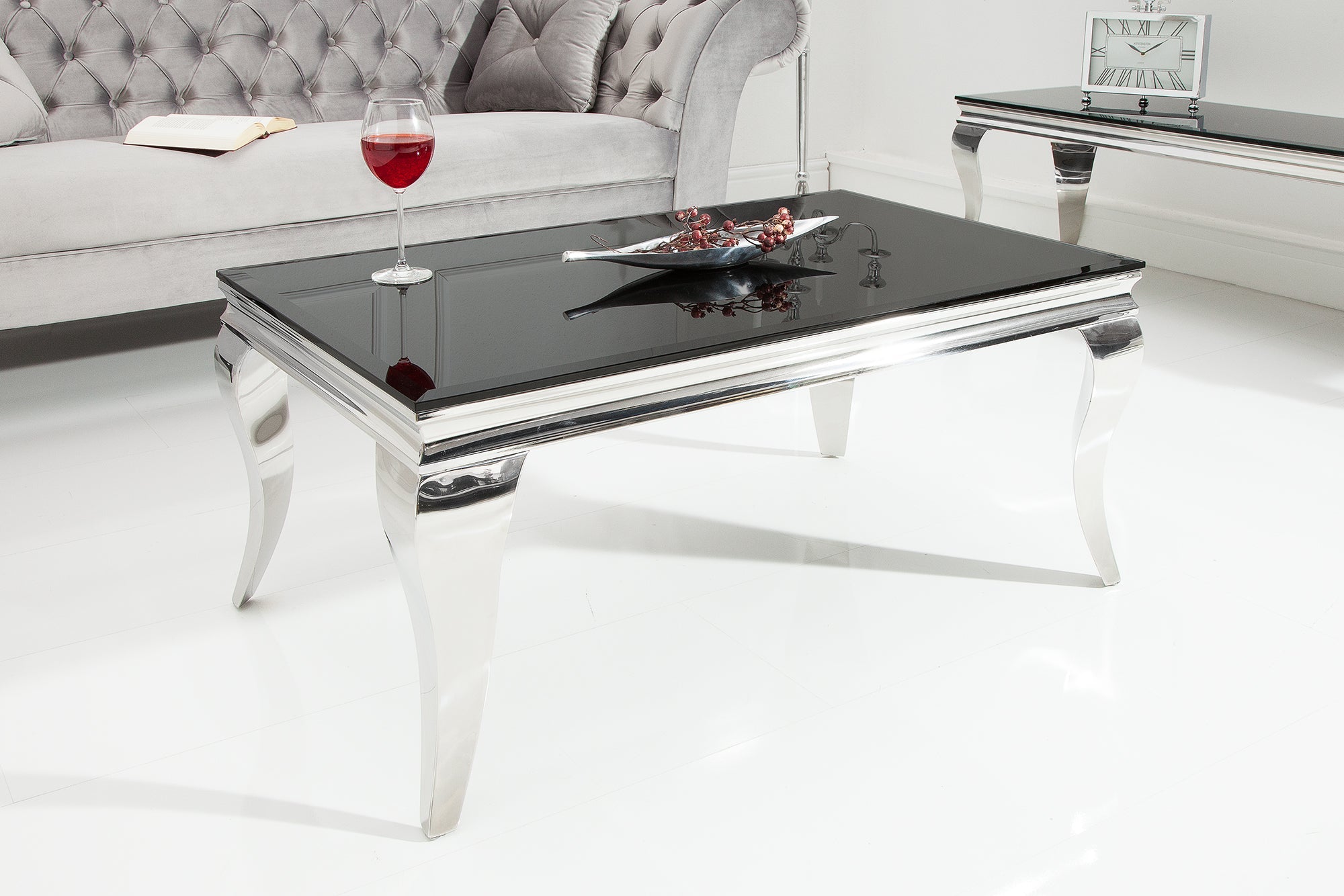 Elegante mesa de centro BAROQUE MODERN 100cm plata con cristal opal negro