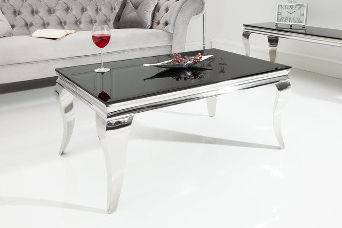 Table basse élégante MODERN BAROQUE 100cm argent avec verre opale noir