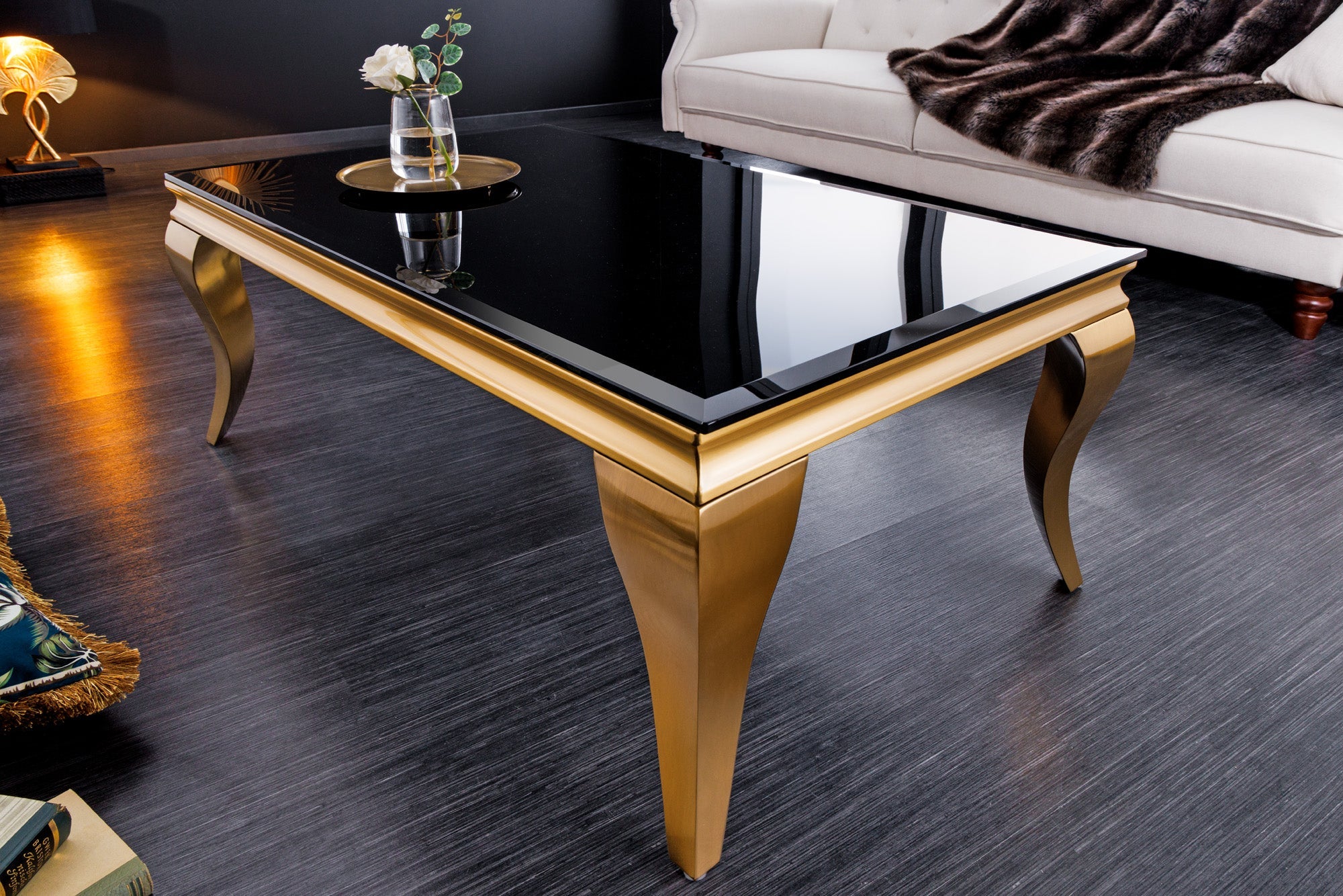 Elegante mesa de centro MODERNE BAROQUE 100cm cristal opal negro patas doradas