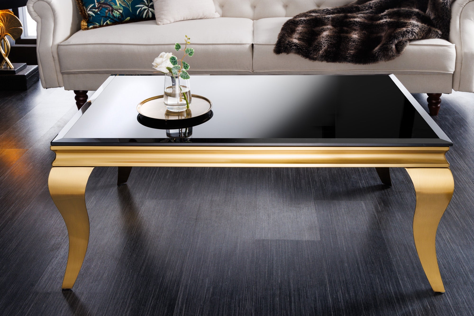 Elegante mesa de centro MODERNE BAROQUE 100cm cristal opal negro patas doradas