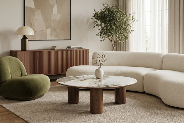 Table basse élégante ORGANIKO 110cm blanc marron noyer Pandora céramique