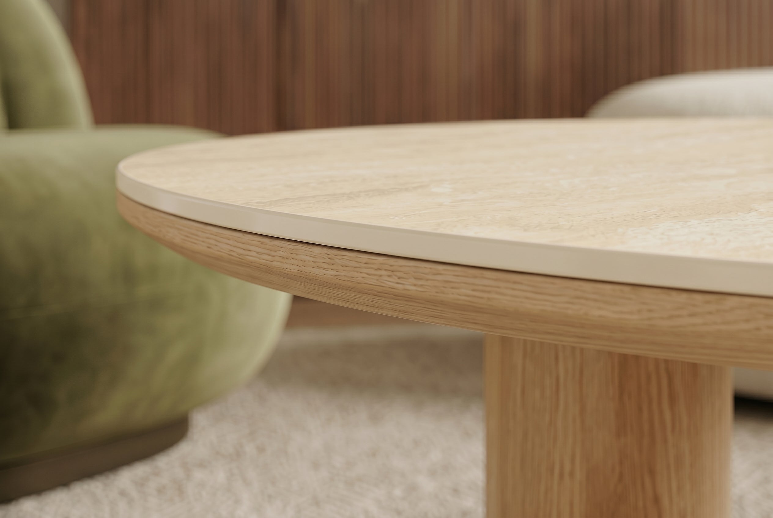 Table basse élégante ORGANIKO 110cm chêne naturel travertin céramique