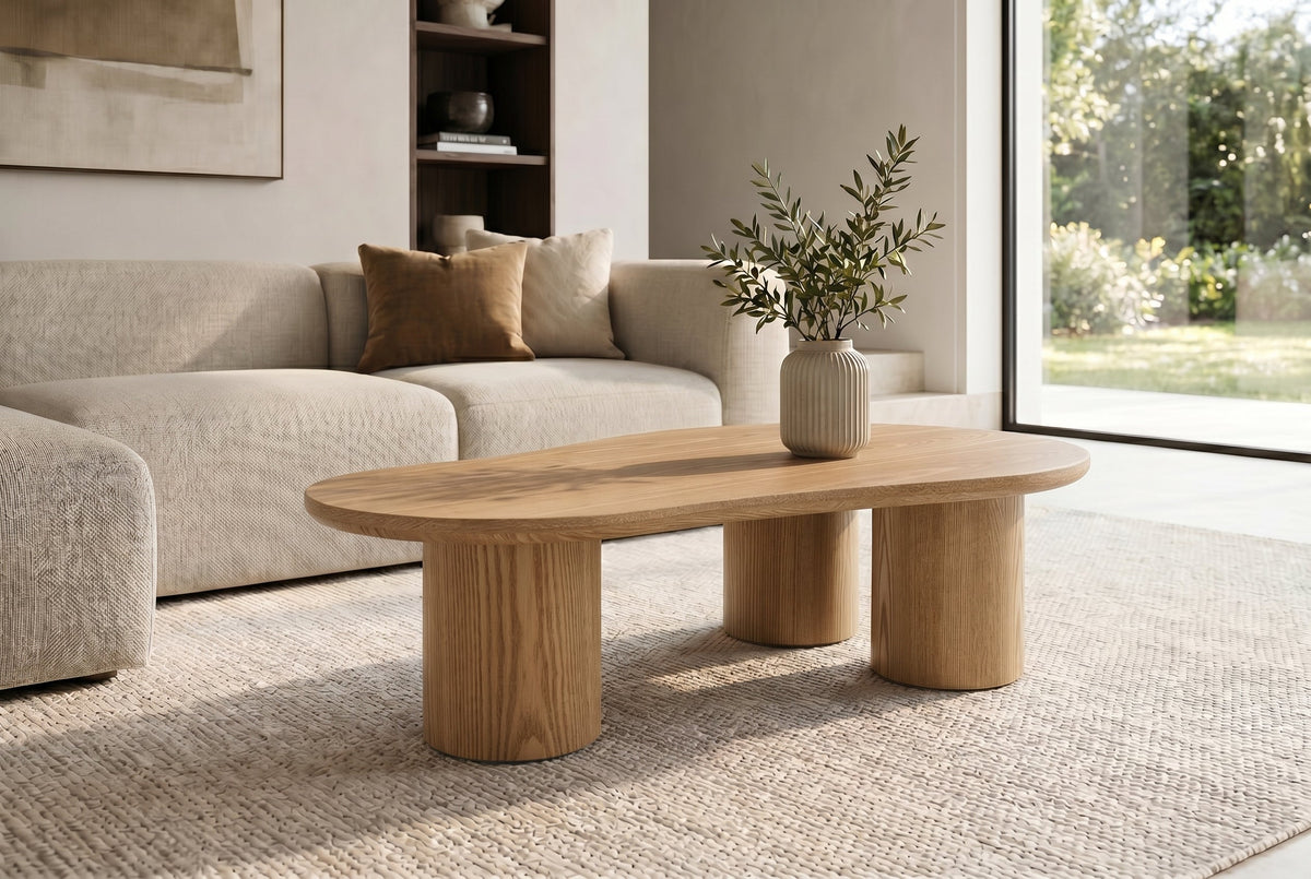Table basse élégante ORGANIKO 130cm chêne naturel forme organique