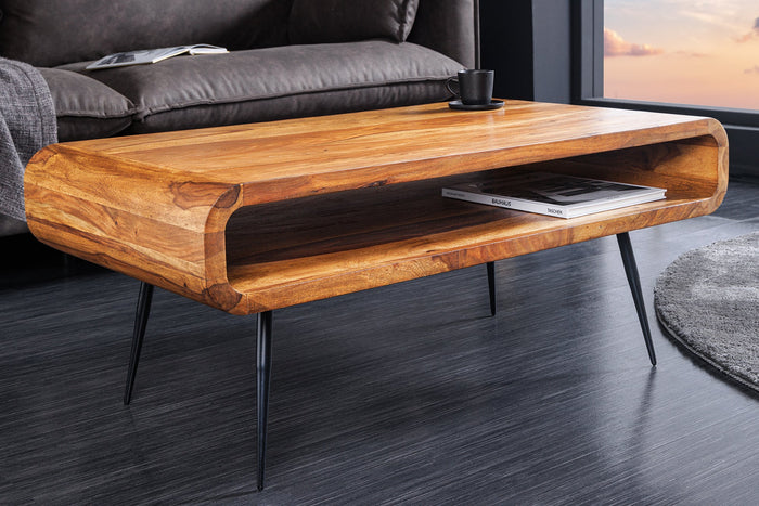 Table basse en bois massif ALPHA 90cm marron finition pierre de Sheesham pieds métal avec espace de rangement