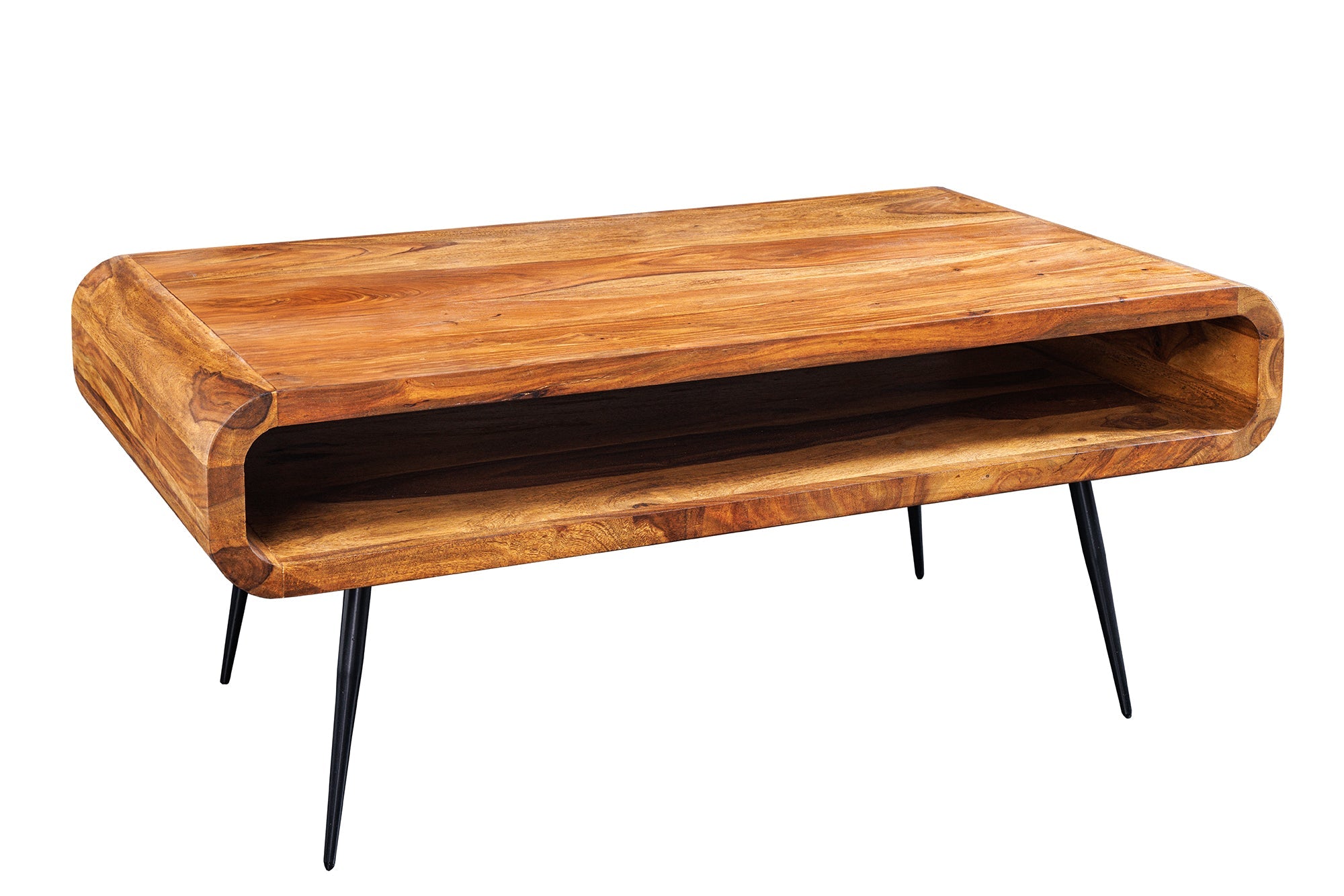 Mesa de centro ALPHA de 90 cm de madera maciza marrón con acabado de piedra Sheesham y patas de metal con espacio de almacenamiento