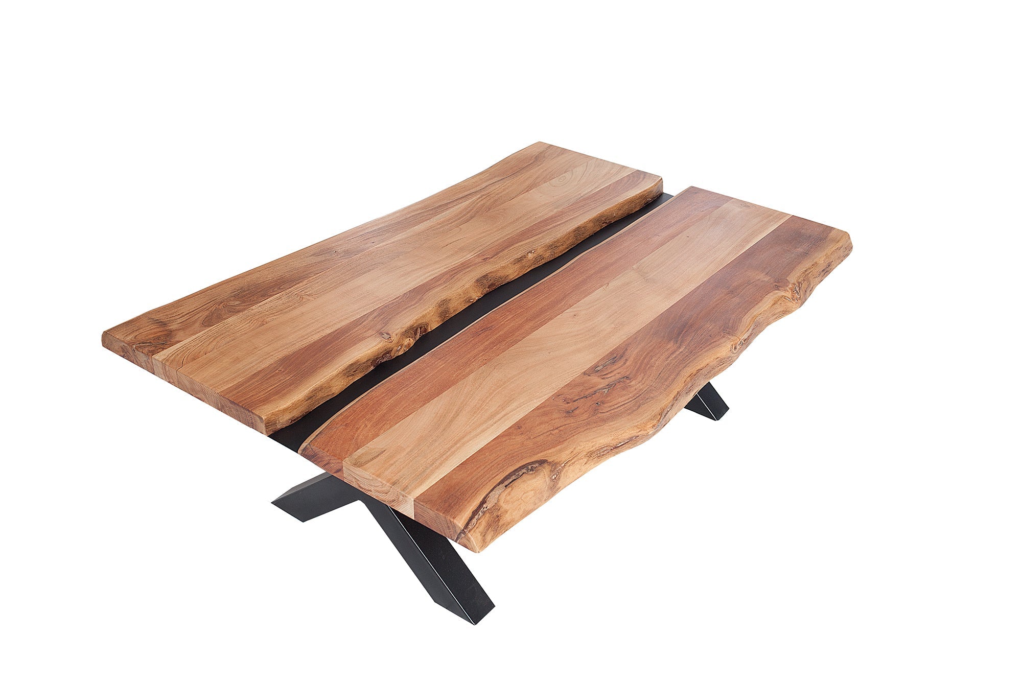 Table basse en bois massif AMAZONAS 105cm acacia métal noir structure en X bord arbre live edge