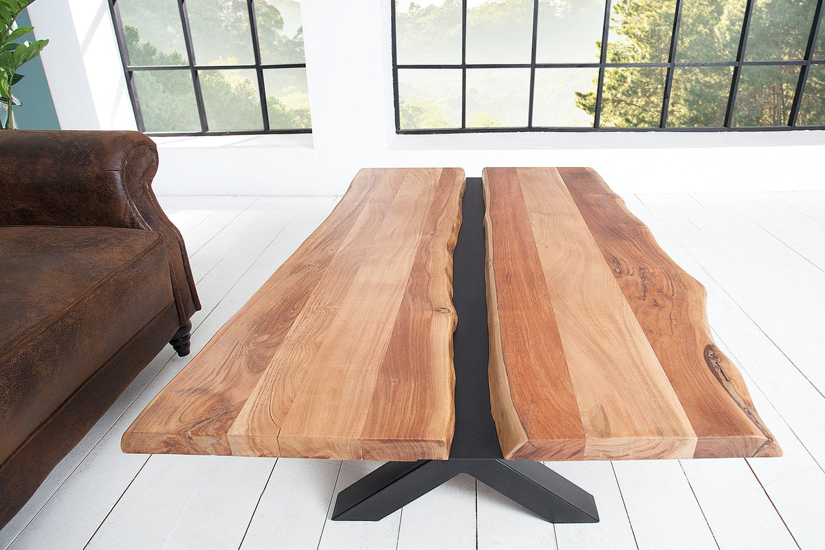 Table basse en bois massif AMAZONAS 105cm acacia métal noir structure en X bord arbre live edge