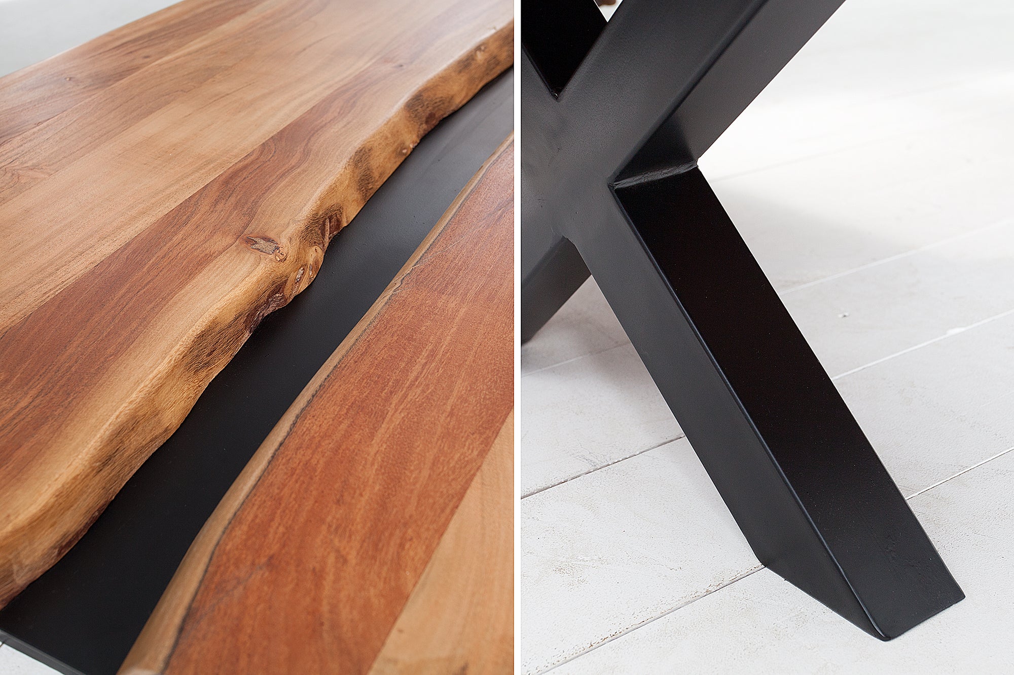 Table basse en bois massif AMAZONAS 105cm acacia métal noir structure en X bord arbre live edge