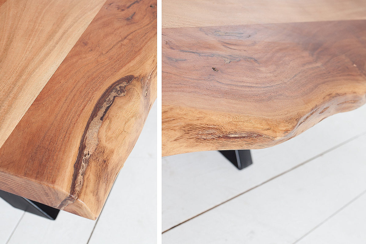 Table basse en bois massif AMAZONAS 105cm acacia métal noir structure en X bord arbre live edge