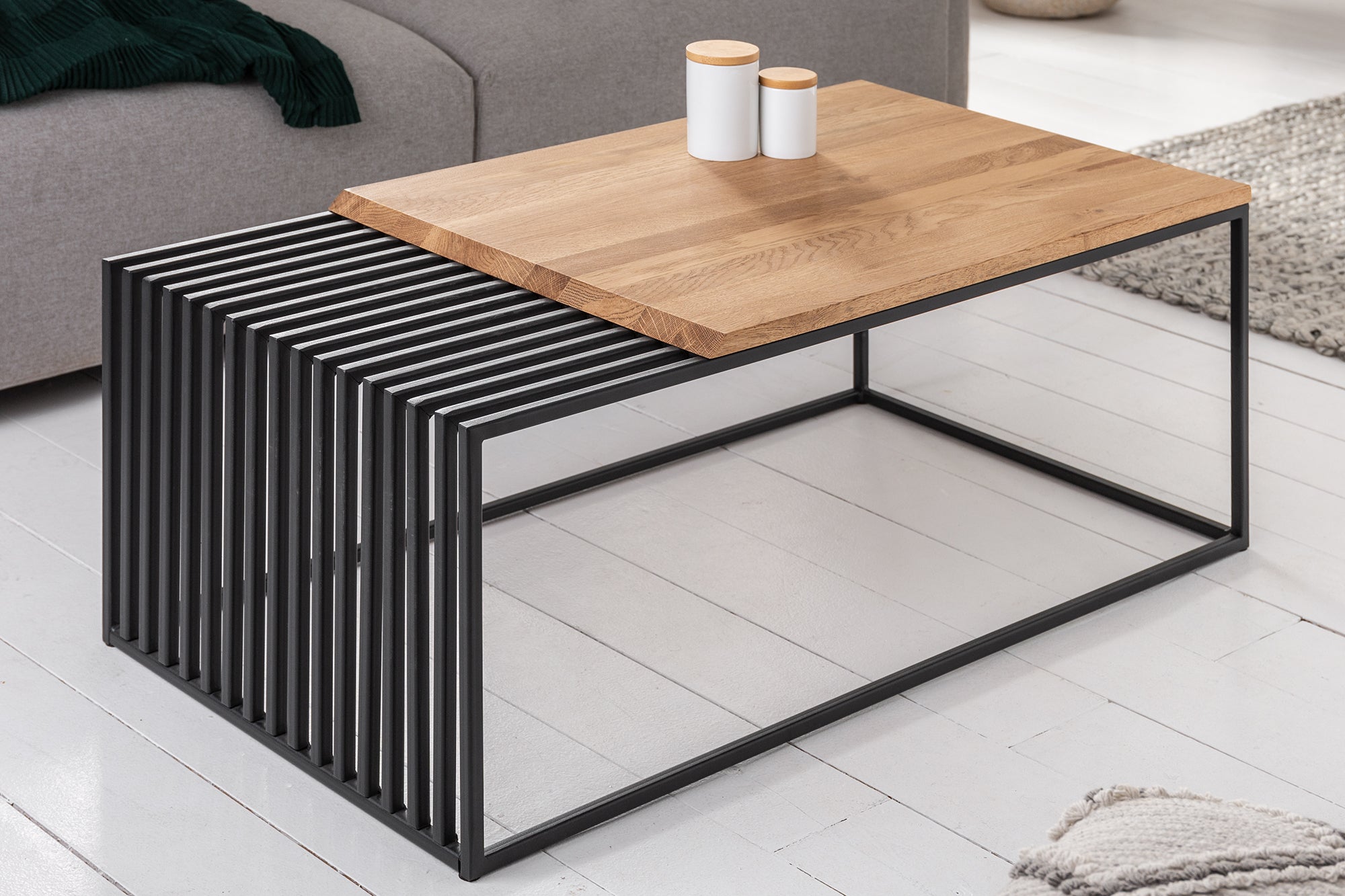 ARQUITECTURA mesa de centro de madera maciza 100cm roble aceitado estructura de metal negro