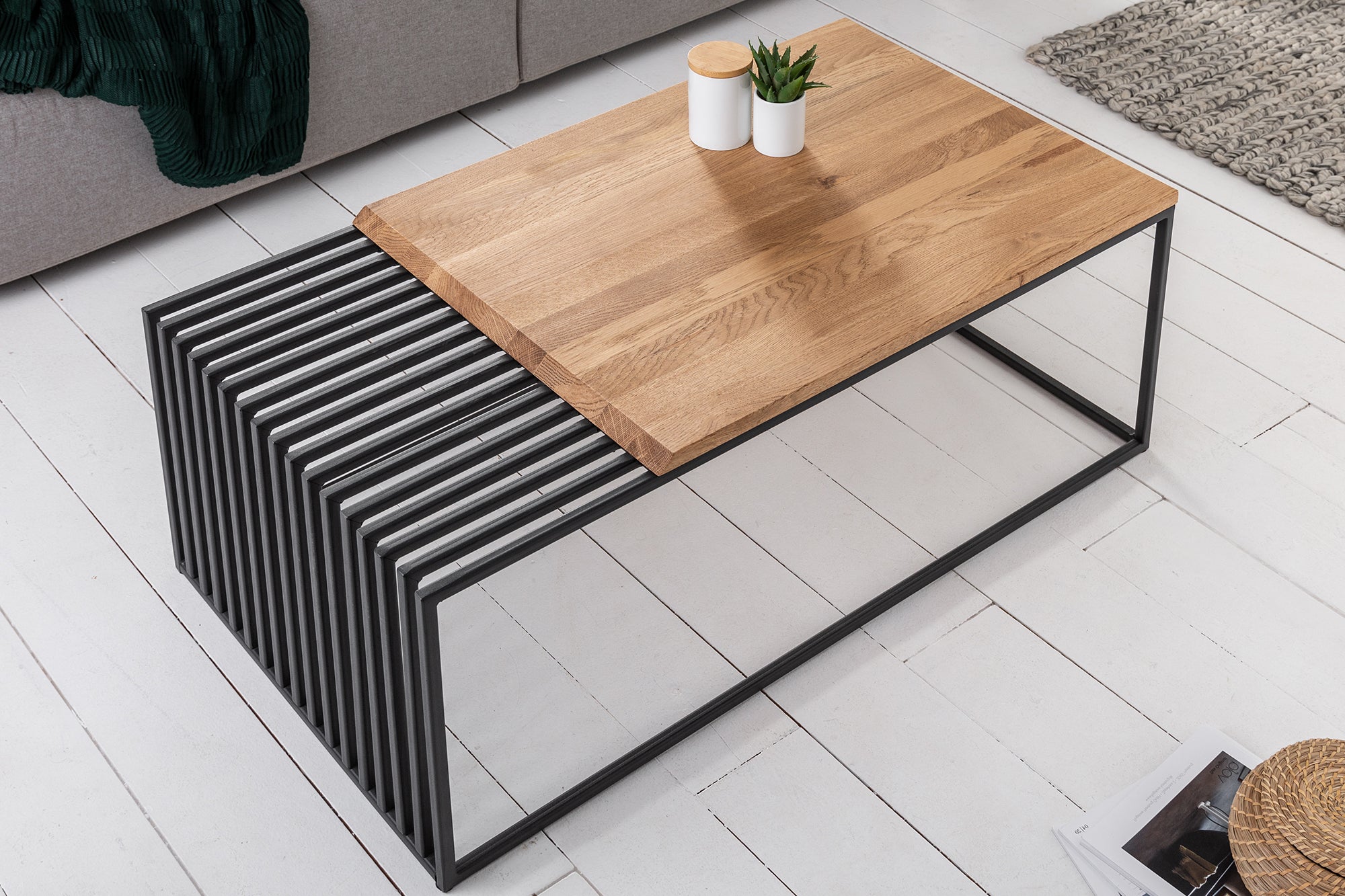 ARQUITECTURA mesa de centro de madera maciza 100cm roble aceitado estructura de metal negro