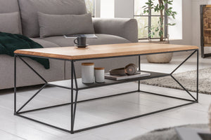Table basse en bois massif ARCHITECTURE 110cm chêne huilé structure métal noir avec étagère