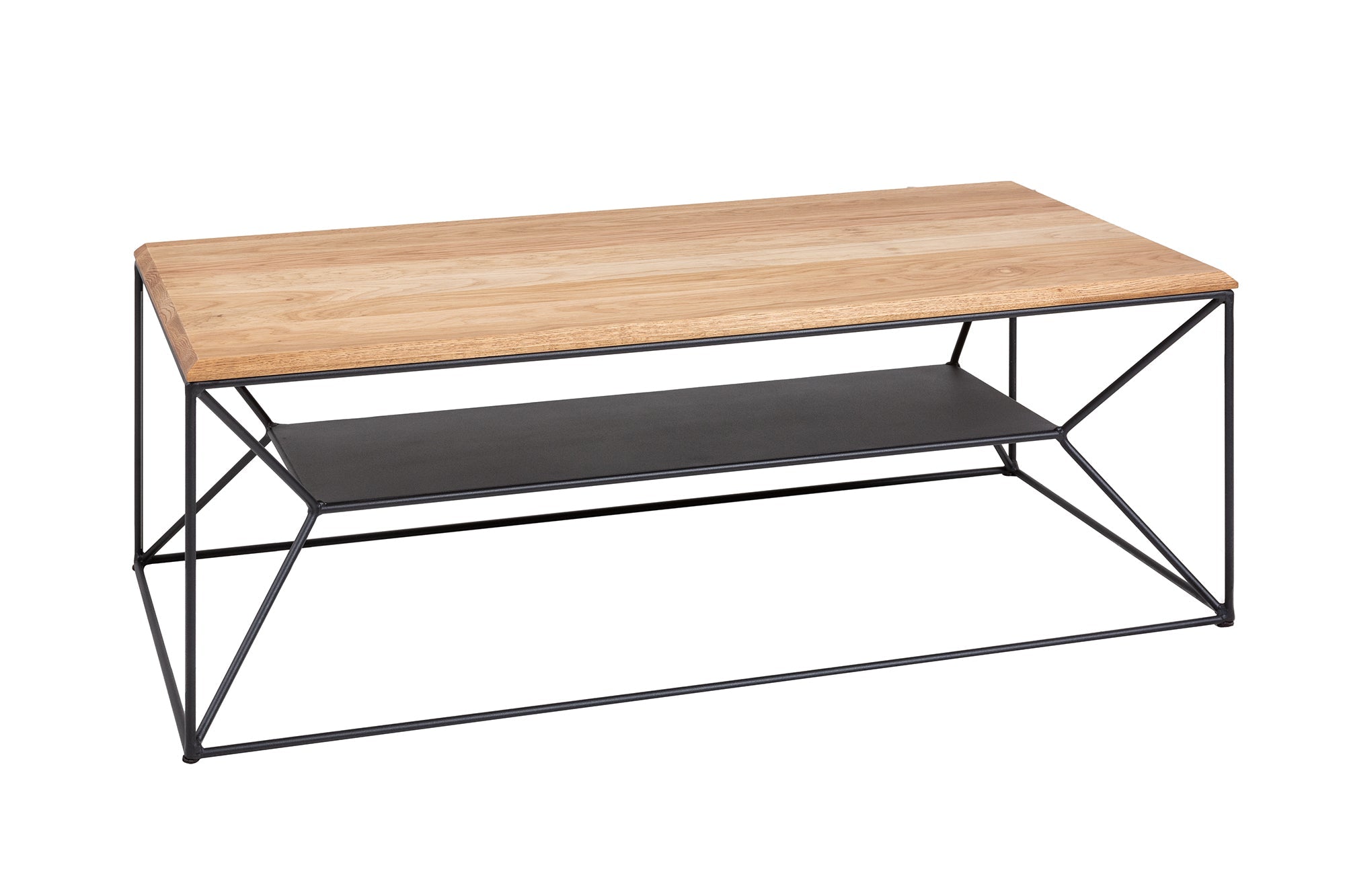 ARQUITECTURA Mesa de centro de 110cm de madera maciza de roble aceitado con estructura de metal negro y estante