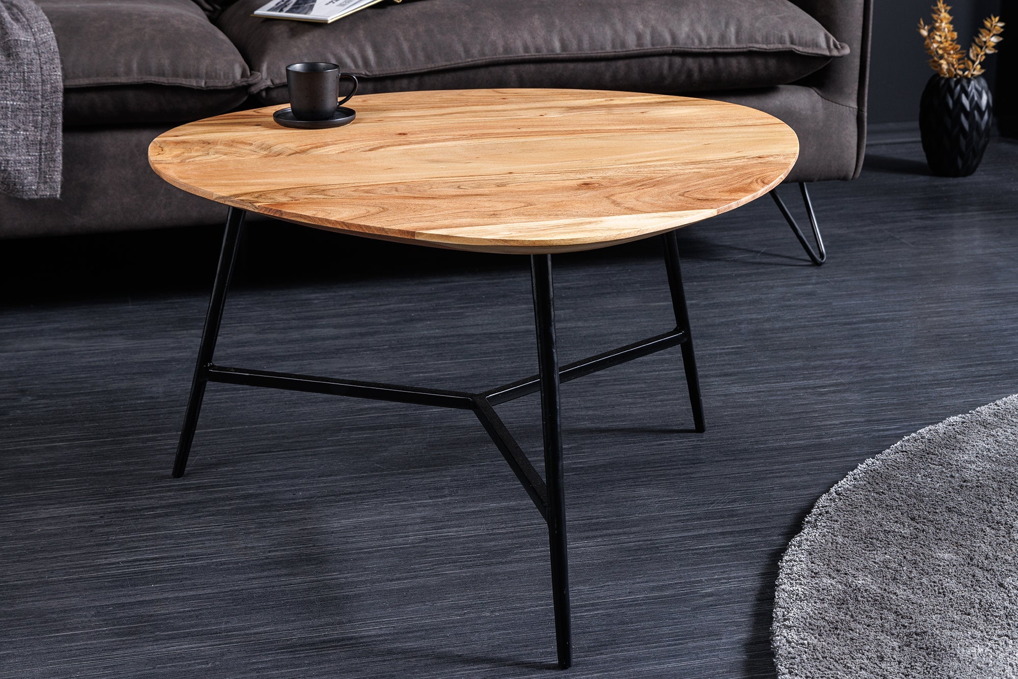 BEAUTY BY NATURE mesa de centro de madera maciza 70cm metal negro mesa triangular riñón acacia