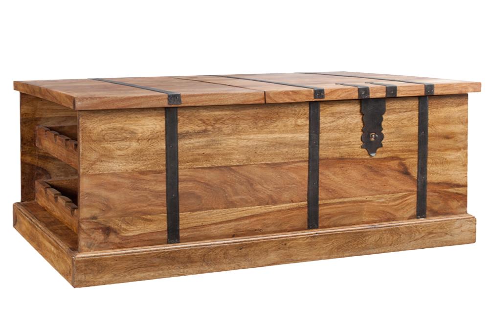 Table basse en bois massif BODEGA 100cm marron finition pierre de Sheesham coffre de rangement casier à vin