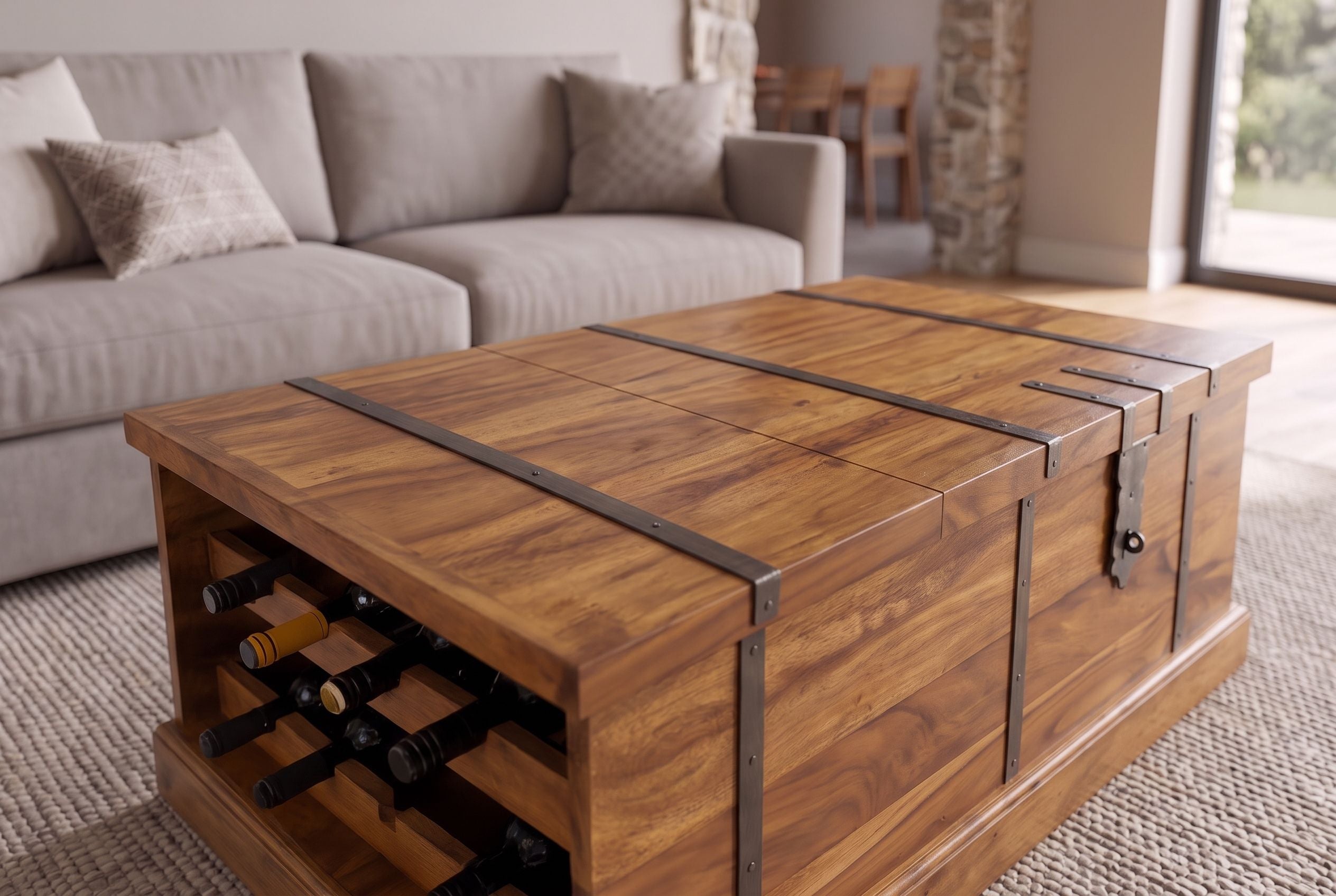 Table basse en bois massif BODEGA 100cm marron finition pierre de Sheesham coffre de rangement casier à vin