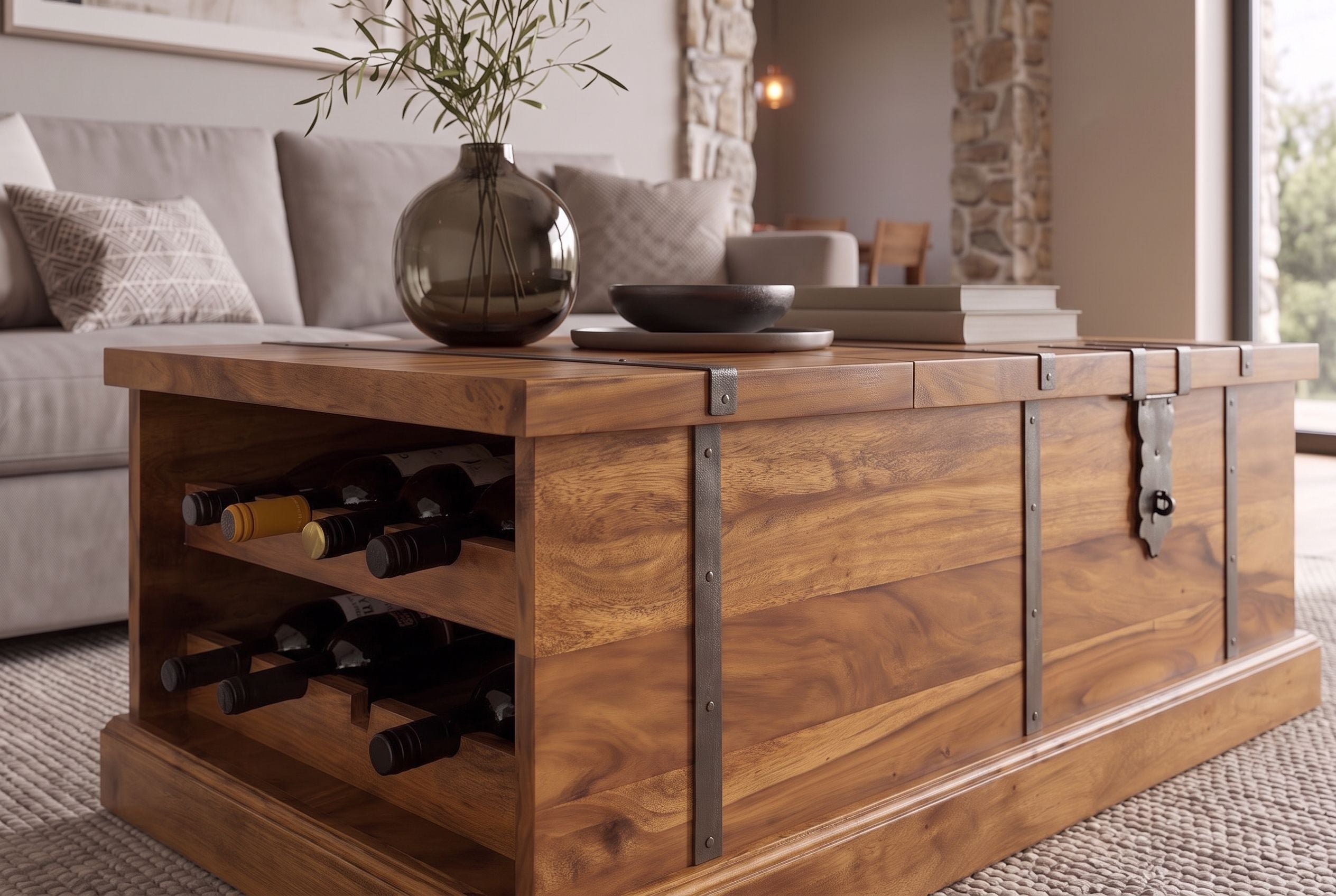 Table basse en bois massif BODEGA 100cm marron finition pierre de Sheesham coffre de rangement casier à vin