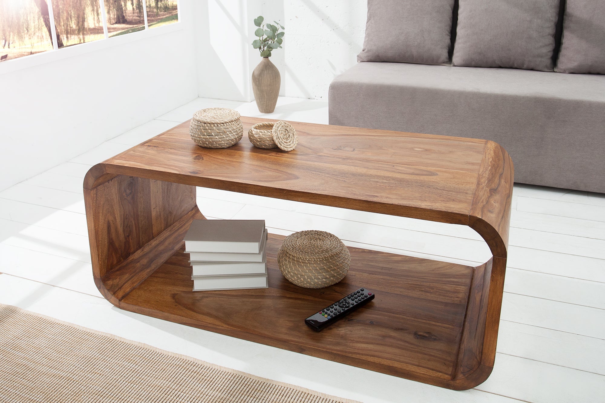 CUBUS Mesa de centro de 100 cm de madera maciza marrón con acabado de piedra Sheesham soporte de TV de diseño retro