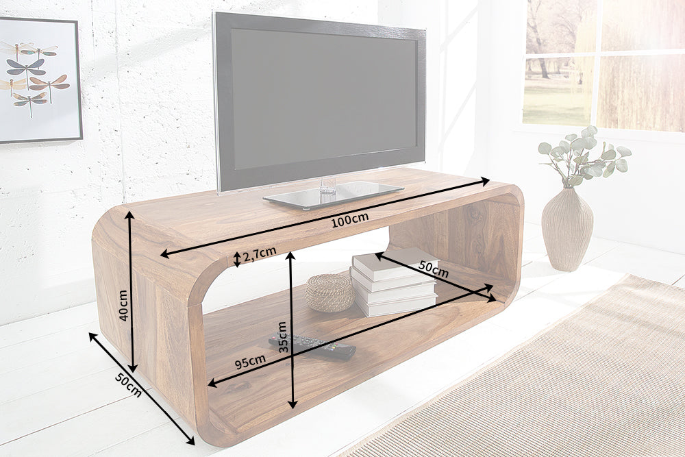 CUBUS Mesa de centro de 100 cm de madera maciza marrón con acabado de piedra Sheesham soporte de TV de diseño retro